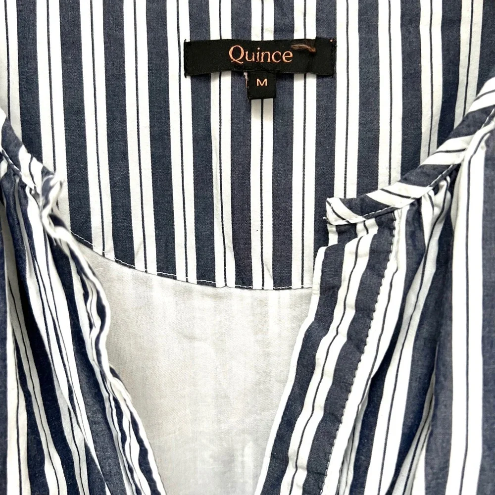 Quince Organic Cotton Tiered Maxi Dress‎ Navy White Stripe Smocked Resortwear M - Picture 16 of 17